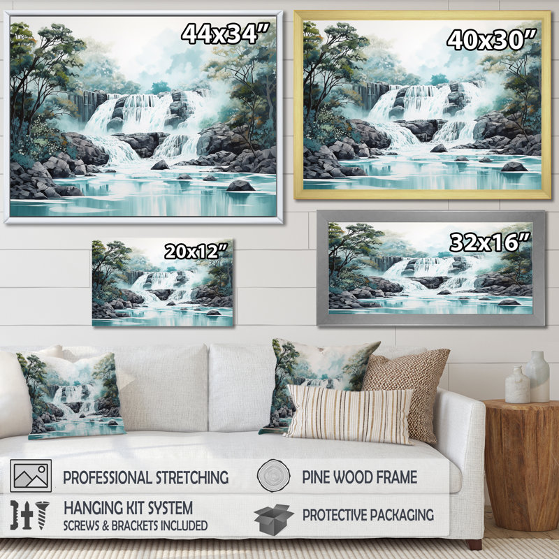 «Waterfall Cliff Scenery Magic II», reproduction sur toile, Cadre naturel flottant, H 24 po x l 32 po x P 1 po