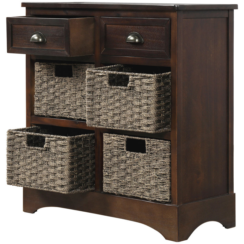 Armoire de rangement rustique avec tiroirs et paniers en rotin pour une utilisation polyvalente, Noyer