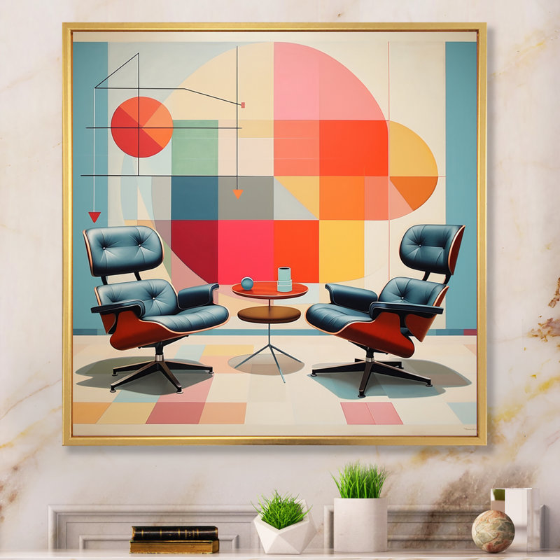 «Mid-Century Eames Delight» coloré - imprimé, Cadre flottant doré, H 36 po x l 36 po x P 1,5 po