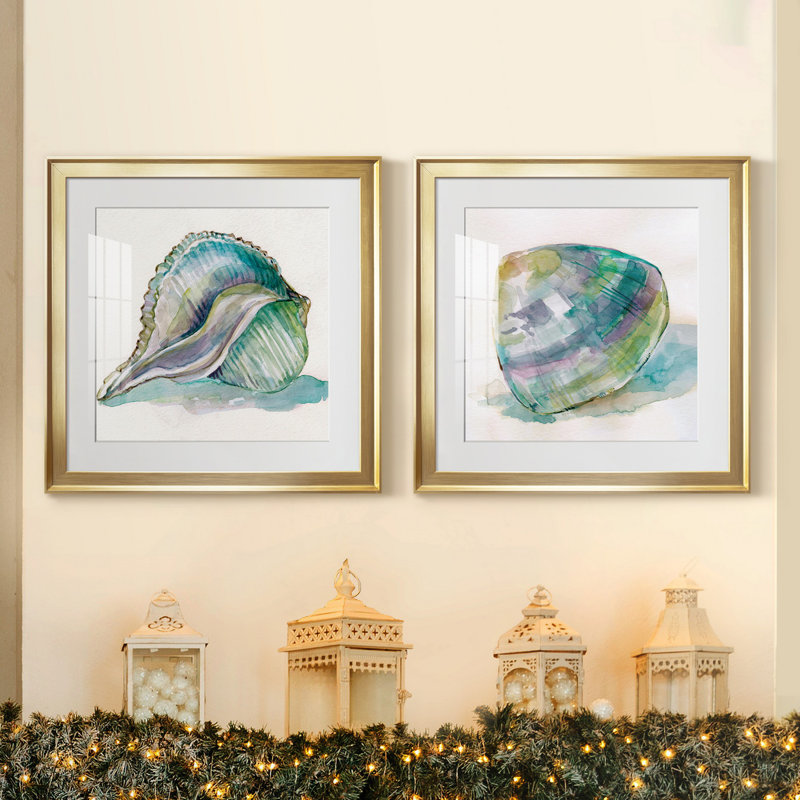 Malecon Shell I - Antique Nautical Study, Matted and Framed Under Acrylic Glass, Set of 2, Coastal Wall Art for Living Room