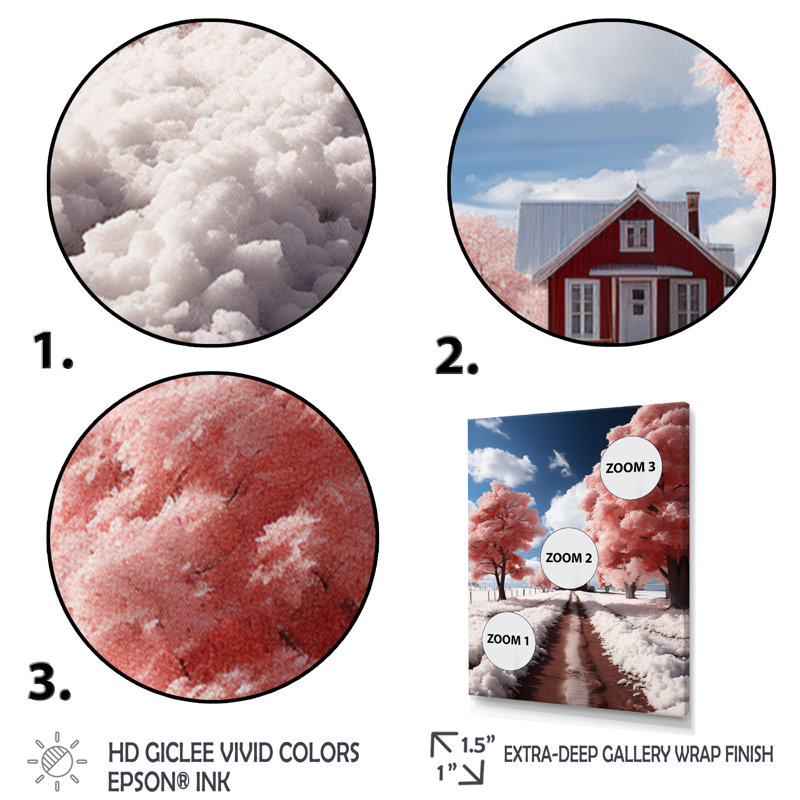 Arbres roses dans la neige champêtre - art mural floral, salon, H 32 po x l 24 po x P 1 po, Cadre flottant blanc