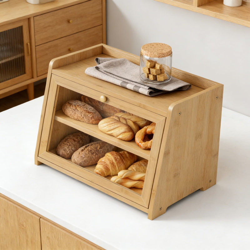Boîte à pain en bambou avec porte transparente pour rangement de comptoir de cuisine, organisateur polyvalent pour le pain, les pâtisseries, le café, les épices et les collations
