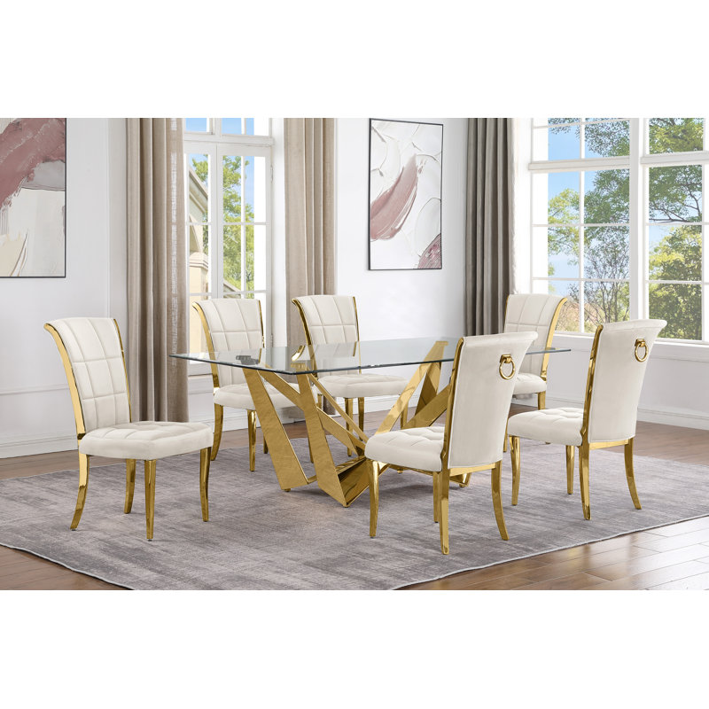 Kennise Glass Top Double Pedestal Dining Set, Black/Silver, 7, Silver