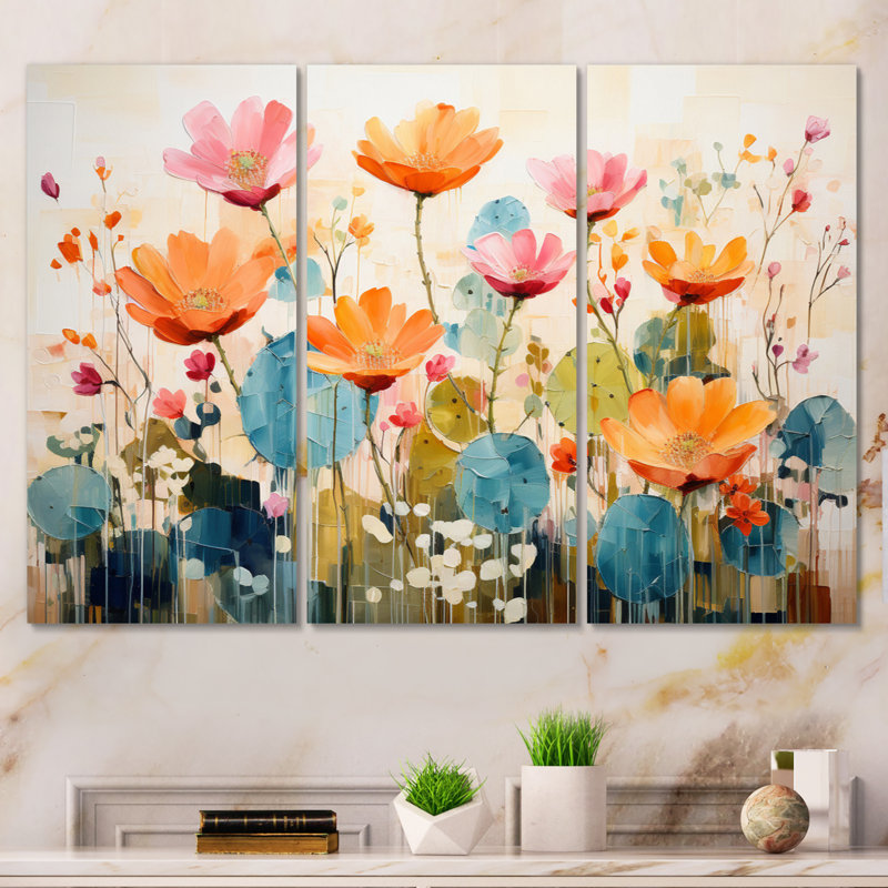 Représentation de cactus orange et beige sur toile, 3 pièces, H 28 po x l 36 po x P 1 po