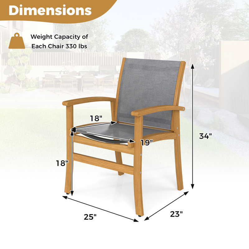 2 Pcs Outdoor Dining Chairs Acacia Wood Patio Chairs With Breathable Fabric Seat