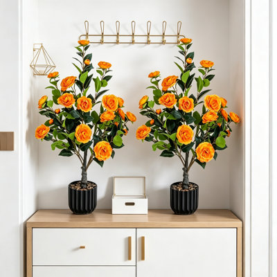 36" Artificial Orange Camellia Tree, Set of 2 Faux Floral Potted Plant for Indoor Outdoor Home Office Decor