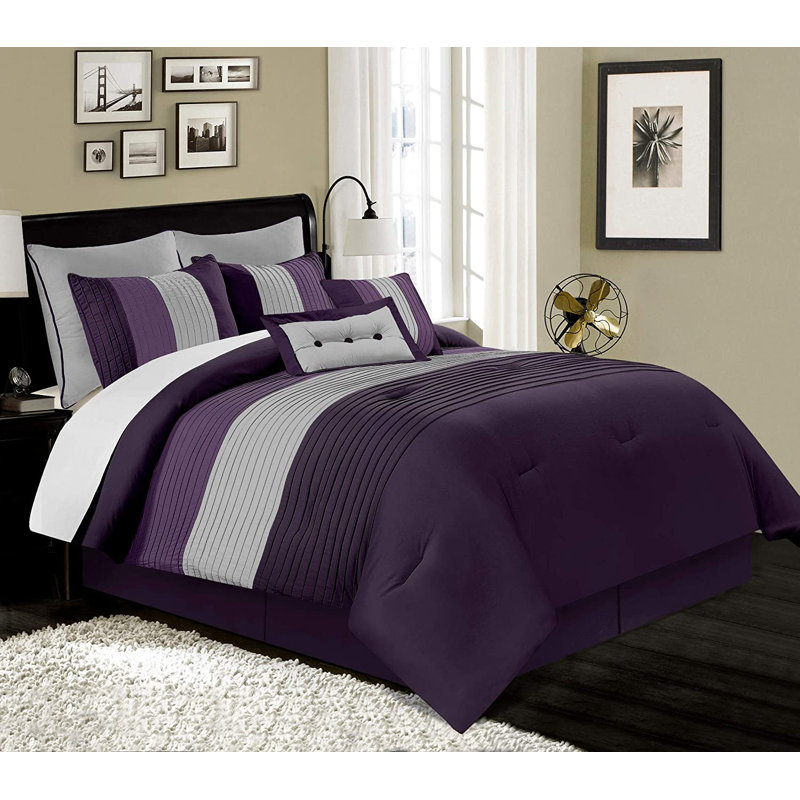 Loft 8-Piece Pleated Stripe Microfiber Comforter Set, Twin Comforter + 1 Standard Sham, Purple