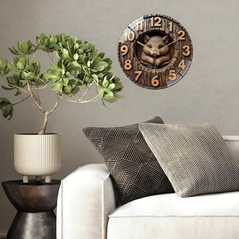 Horloge murale en bois avec écureuil rustique, art moderne 12 po
