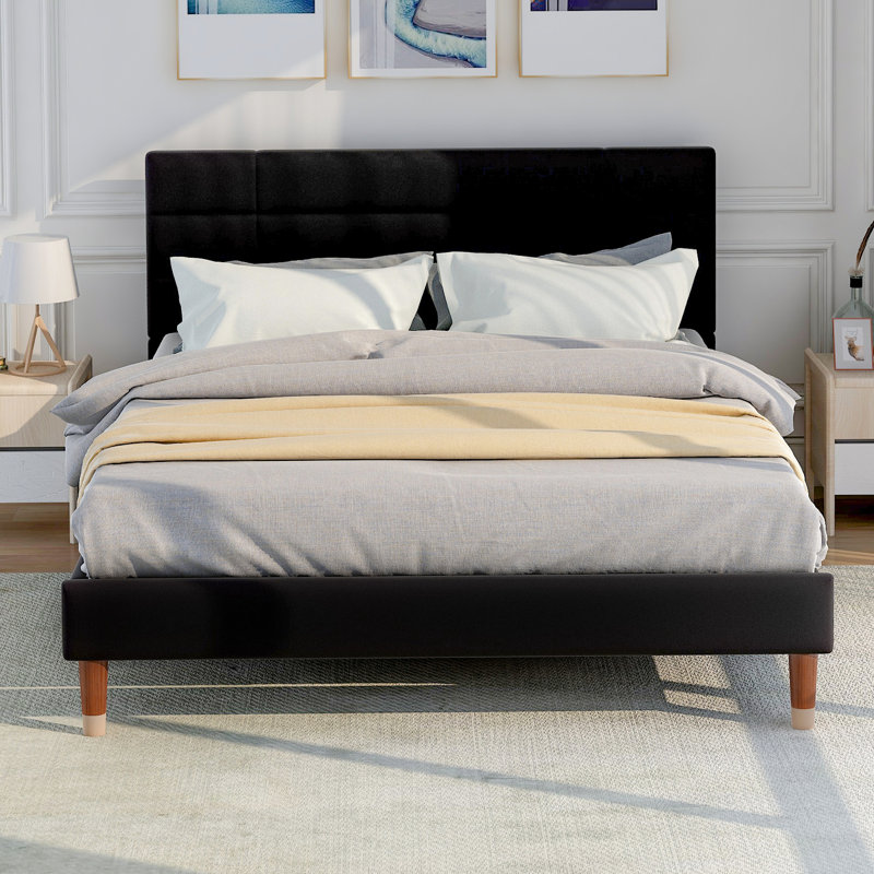 Nakasi Upholstered Velvet Bed, European Double (140 x 200cm), Black