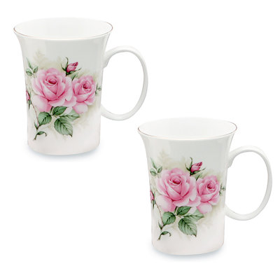 Bone China Coffee Mug. Rose Bouquet, Set of 2