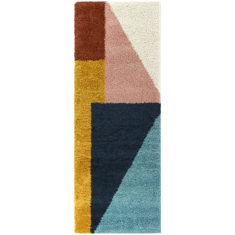 Tapis brun / jaune / bleu à motif géométrique Satter, Tapis de couloir 2 pi 7 po x 7 pi