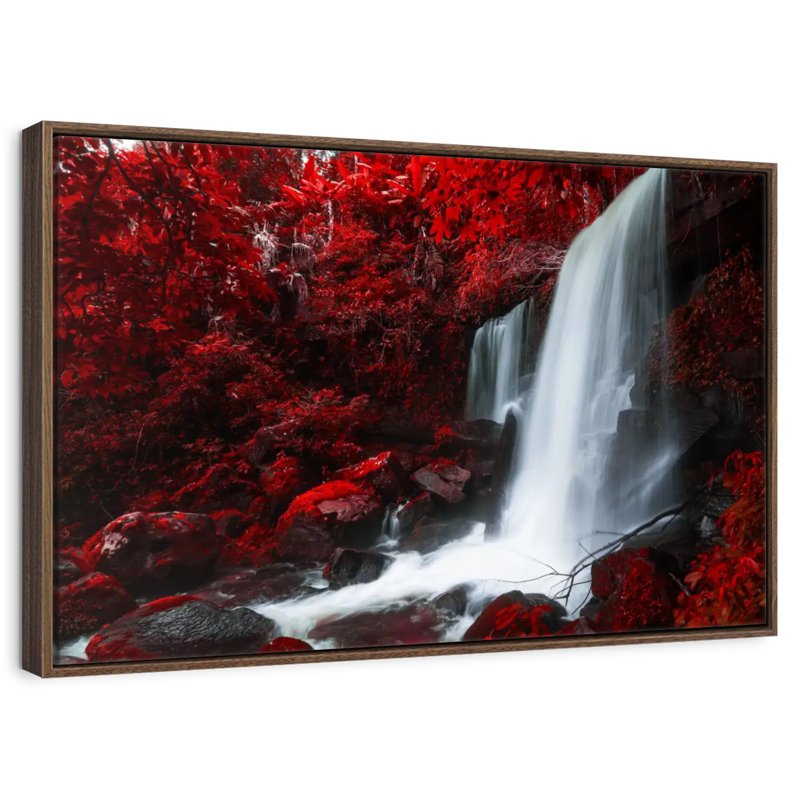Chute d'eau rouge d'automne, 46 po x 31 po, Cadre flottant noyer