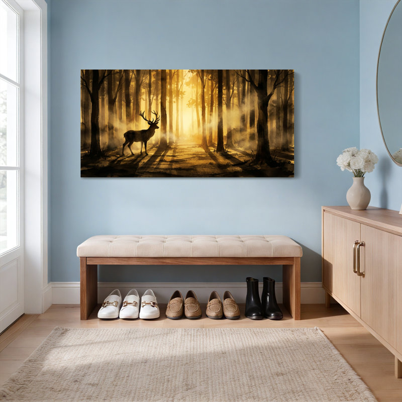 Ensemble de 1 tableau sur toile tendue représentant un cerf dans une forêt dorée, 3216