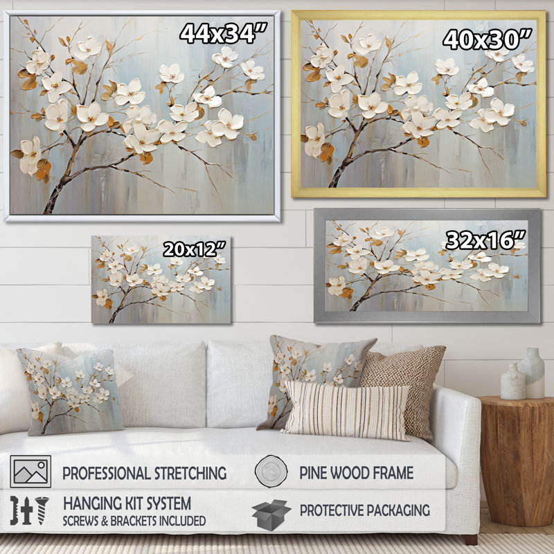 " White Grey Dogwood Peacefulness ", 16" H x 32" W x 1" D, White Floater Framed