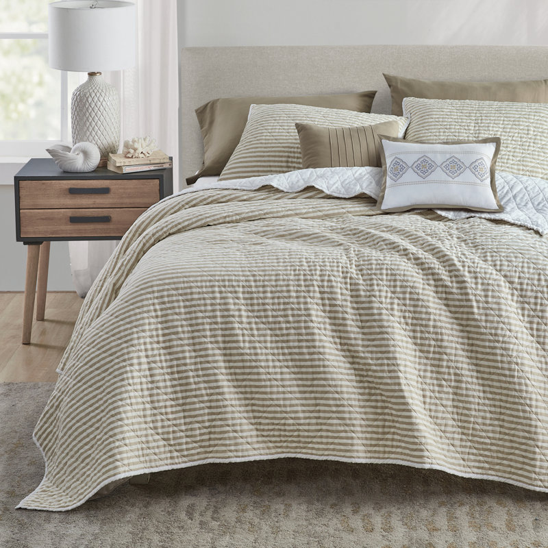 Queen Size White and Brown Striped Cotton Quilt Set with Shams and Throw Pillows