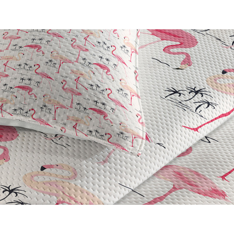 White Twin Flamingo Print Microfiber Bedspread Set