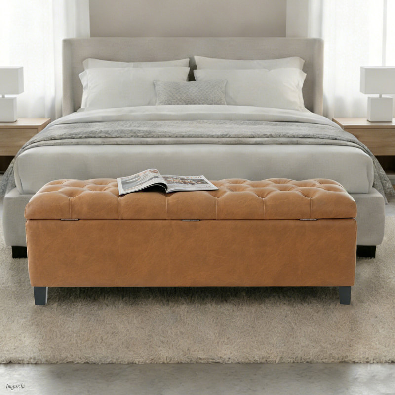Faux Leather Button-Tufted Storage Ottoman Bench, Flip-Top Rectangular Storage Bench with Safety Hydraulic Hinges, Upholstered End-of-Bed Bench for Bedroom, Living Room, Entryway