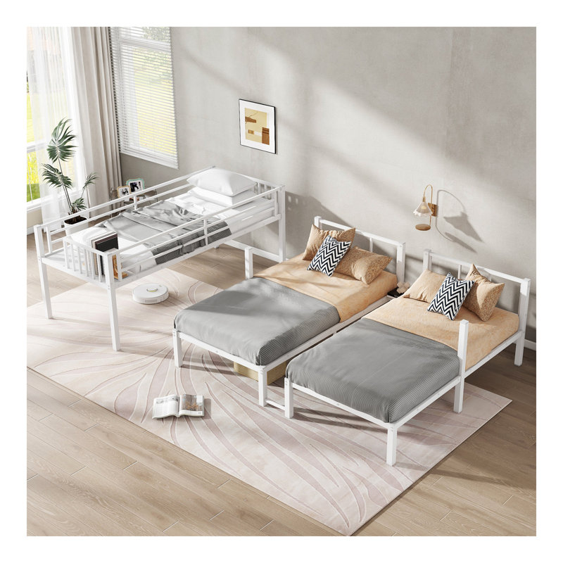 Lits simples superposés pour 3 personnes, lits superposés simples, lits superposés en métal, blanc