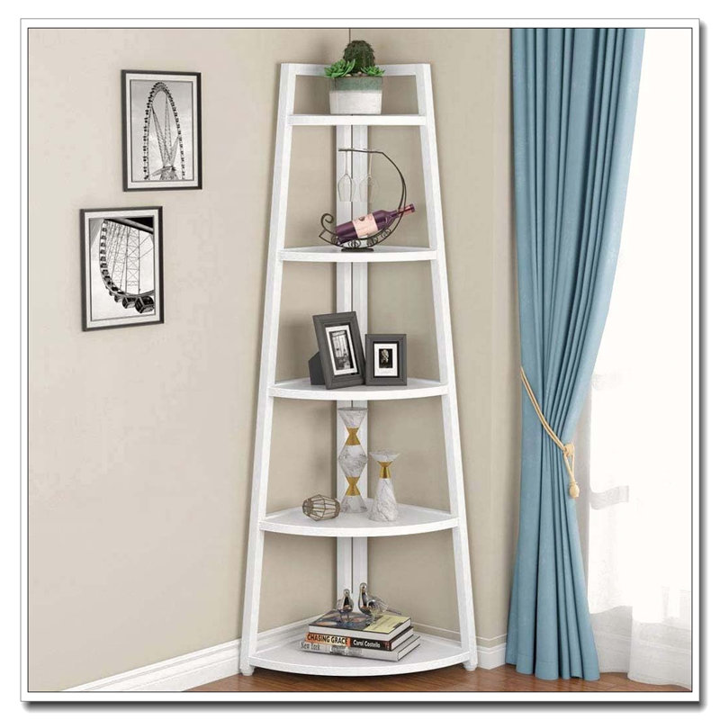 70.07" Tall Corner Shelf, 5 Tier Rustic White Corner Bookshelf Bookcase Industrial Corner Ladder Shelf, White