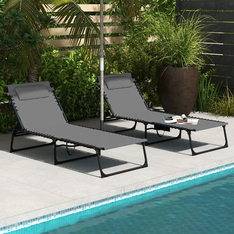 Folding Beach Sun Lounge Chair , 5-Level Recline, Padded Seat, , Side Pocket, For Yard, Gray Patio 5 Options, Beach,