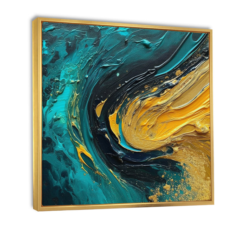 Coucher de soleil doré sur fond bleu sarcelle abstrait, peinture abstraite sur toile I, H 24 po x l 24 po x P 1 po