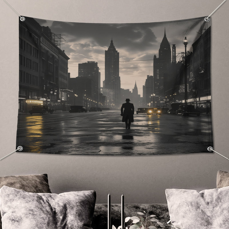 Tapisserie murale rétro «Cityscape Silhouette», 104 po H x 88 po avec 4 œillets