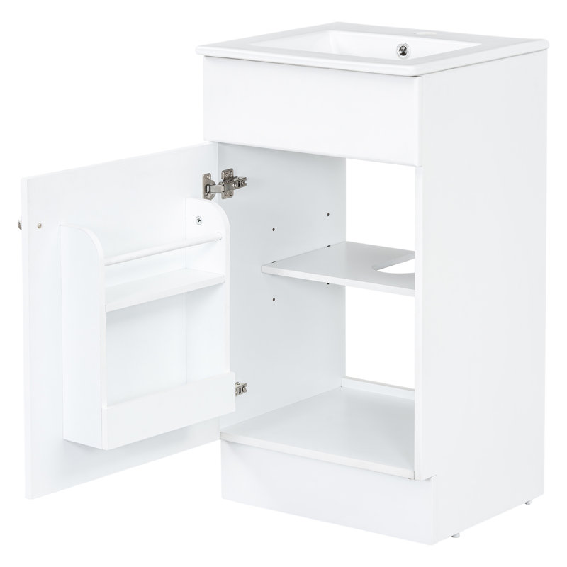 Meuble-lavabo blanc de 18 po avec lavabo. Finition. Lavabo en céramique qui retient l'eau. Tablette de porte et tablette réglable. Armoire.