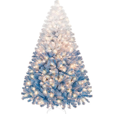 7.5ft Pre-lit Artificial Christmas Tree with 550 Incandescent Warm White Lights, Snow Flocked Full Prelighted Xmas Tree with 1284 Branch Tips & Foldable Stand, Lake Blue Gradient