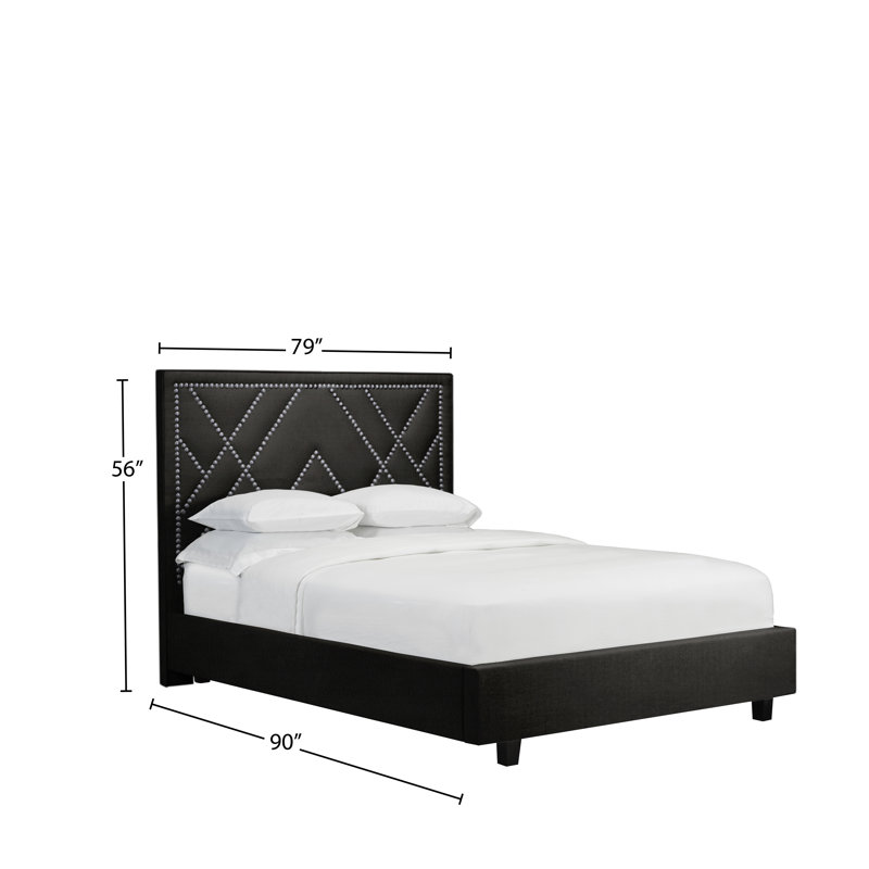 Lit plateforme en tissu d’ameublement Straka, Cuir - Noir, Très grand