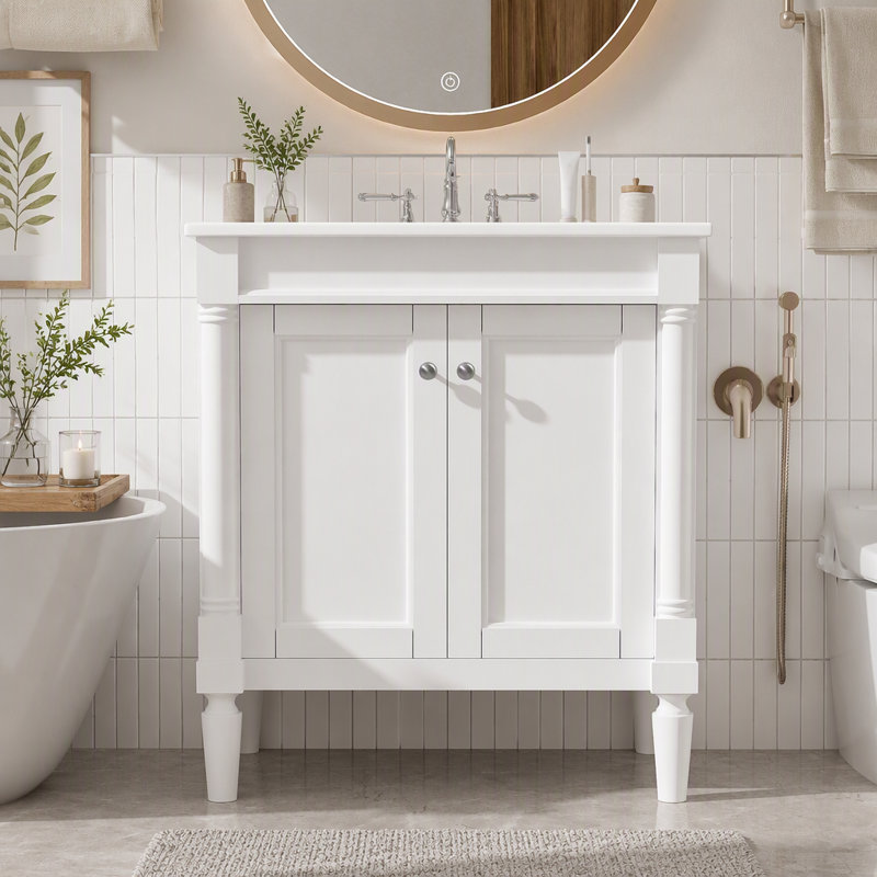 Single Bathroom Vanity with Ceramic Top, White, Silver