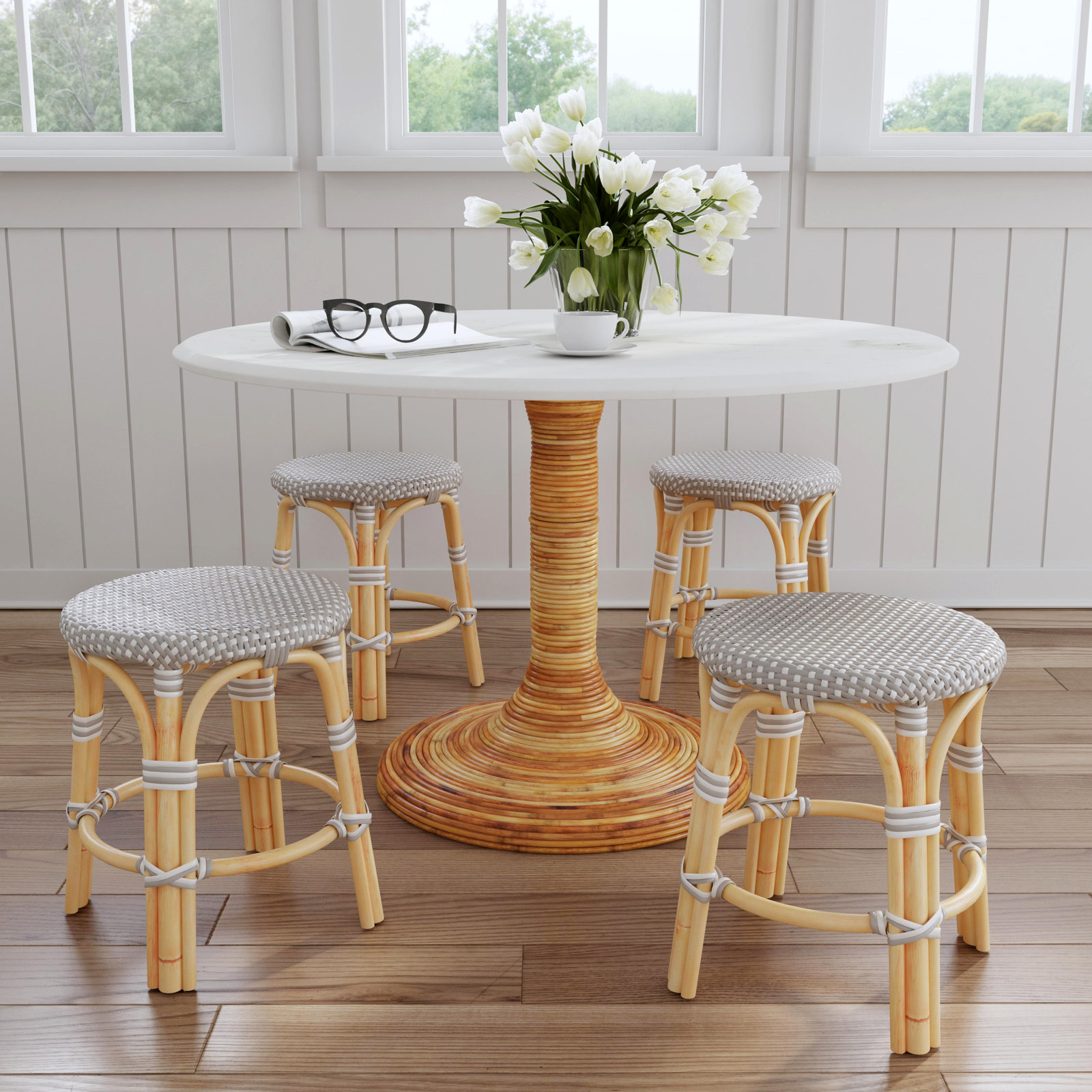 Alastair 18" Bar Stool, Gray/White Dot/Natural Rattan Frame
