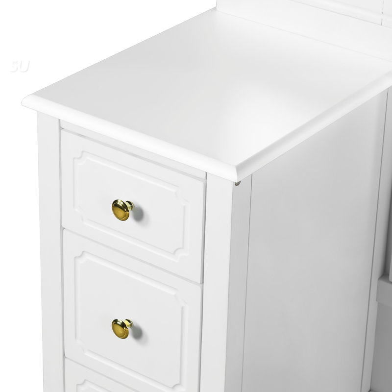 Makeup Vanity Desk with Triple Mirror, 6-Drawer Dressing Table Set Including Upholstered Stool and Full-Length Mirror