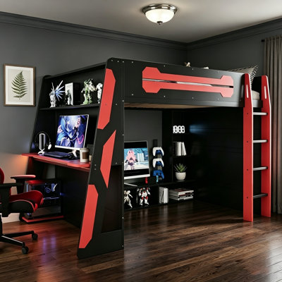 Lit mezzanine double en bois pleine grandeur avec bureau, tablettes à plusieurs rangements et éclairage RVB pour une fonctionnalité accrue et un attrait esthétique