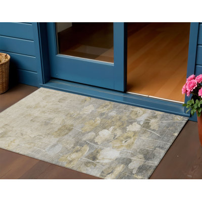 Tapis extérieur lavable floral taupe et blé beige 3 pi x 5 pi