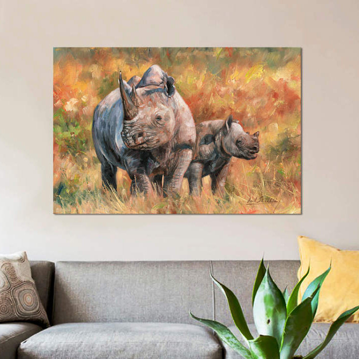 «Rhino and Baby», impression sur toile, H 8 po x l 12 po x P 0,75 po, Toile tendue, Pas de tapis