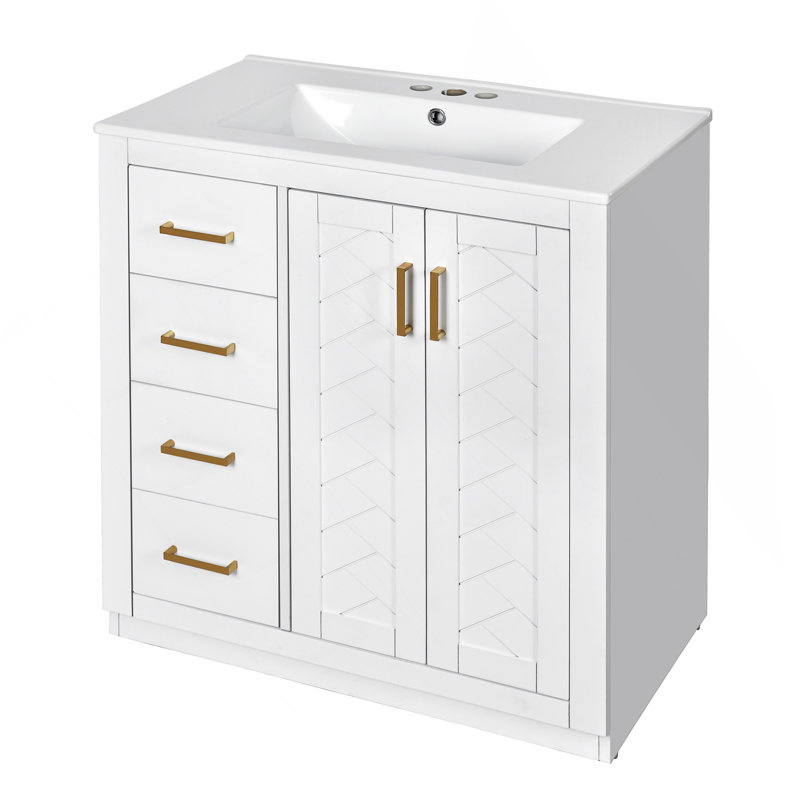 Ensemble de meuble-lavabo 30 po avec lavabo en céramique, meuble de rangement à cadre en bois, ensemble de meuble-lavabo autoportant avec 3 tiroirs et portes à fermeture douce