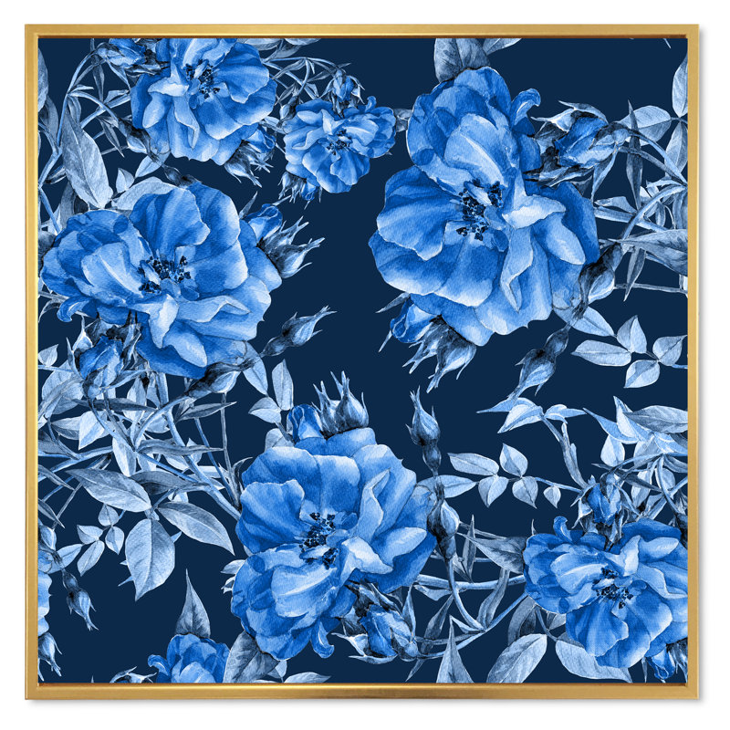 Fleurs bleues abstraites - Peinture sur toile, Cadre flottant doré, H 36 po x l 36 po x 1,5 po
