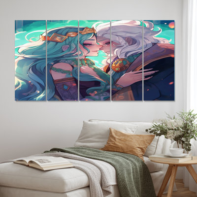 Couple d'anime s'embrassant tendrement pastel I - Art mural sur toile - 5 panneaux égaux