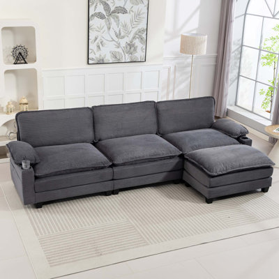 Canapé de style moderne en velours côtelé de L 113 po et 113 po, canapé modulaire modulaire en nuage avec repose-pieds, éponge à haute résilience 35D et coussin épais double couche, porte-gobelets, sacs de rangement