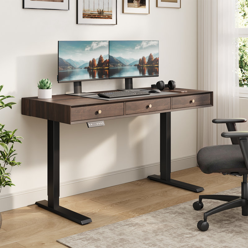 Electric Standing Desk With 3 Drawers, Height Adjustable Computer Desk, Walnut, 44.49" H x 55.12" W x 23.62" D