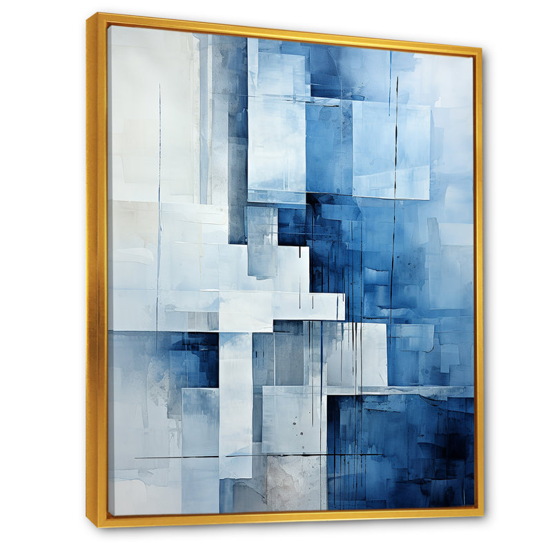 Collage bleu géométrique nautique - art minimaliste côtier, Cadre flottant doré, H 44 po x l 34 po x P 1,5 po