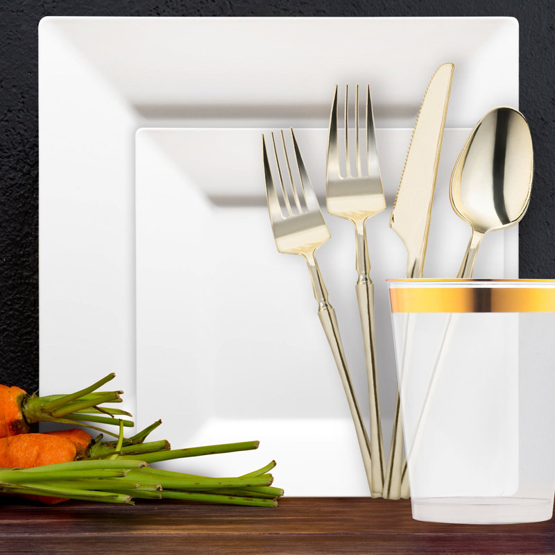 White Square Disposable Plastic Tableware Set - 120 Settings