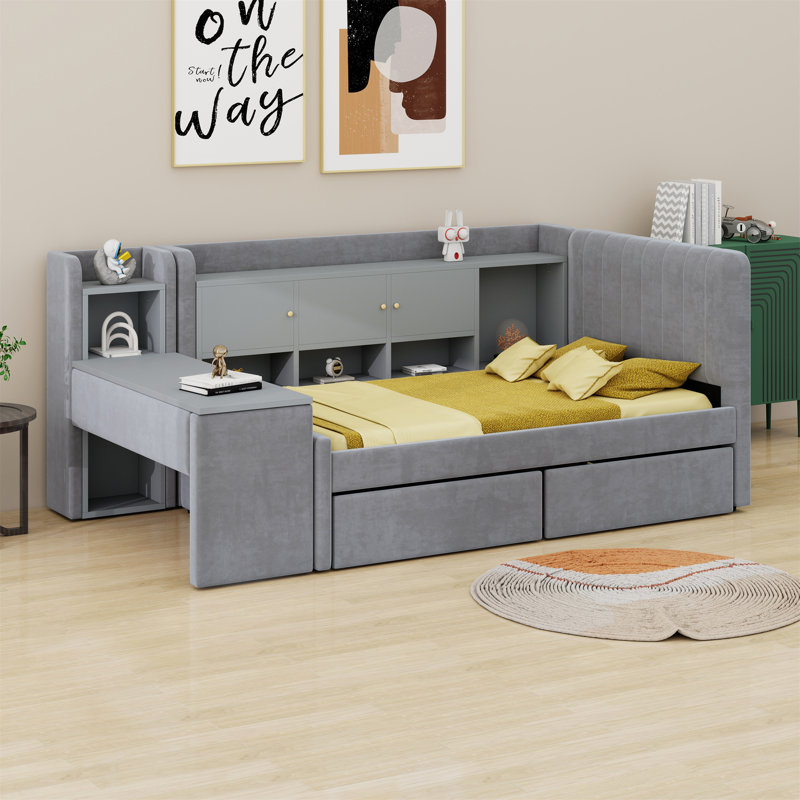 Lit de jour rembourré avec tiroirs, tablettes, armoires rabattables et table d'appoint, Gris