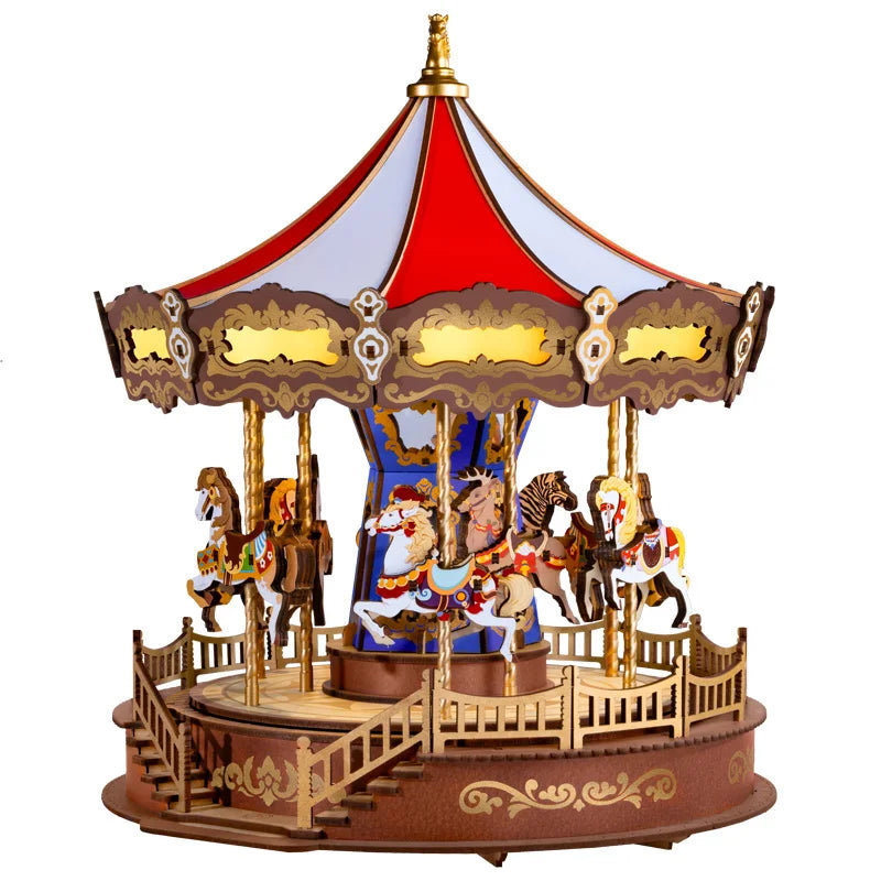 Rolife Classic Carousel Music Boxes Easy Assemble 3D Wooden Puzzle Moveable Design With Light Xmas Gifts For Family
