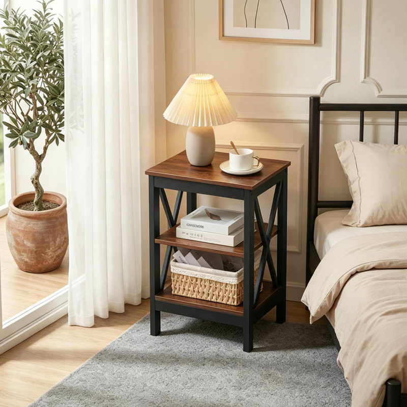 Kempst X-Shaped Nightstand Set Open Shelf 3 Tier Storage Nightstand For Bedroom Living Room, Brown, Set of 2