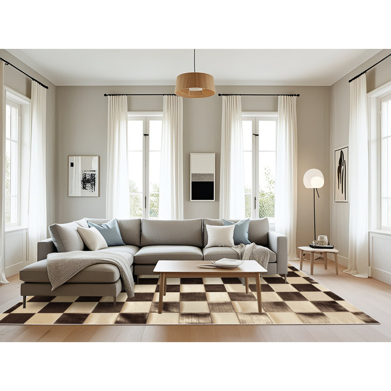 Tapis beige à carreaux lavable à la machine, Rectangle 8 pi x 10 pi