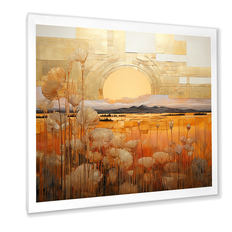 «Golden Sunset Cottage Countryside Landscape» sur toile, H 36 po x l 36 po x P 1,5 po, Cadre simple blanc