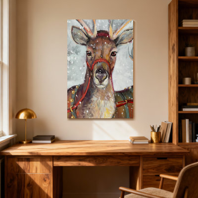 Animals Reindeer With Red Harness In Snowfall