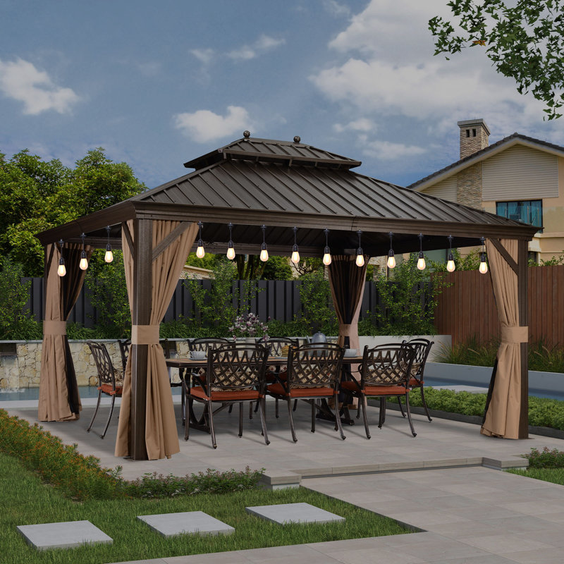 Pavillon de jardin à toit rigide en aluminium 12 pi x 14 pi avec 48 guirlandes de lumière mauve