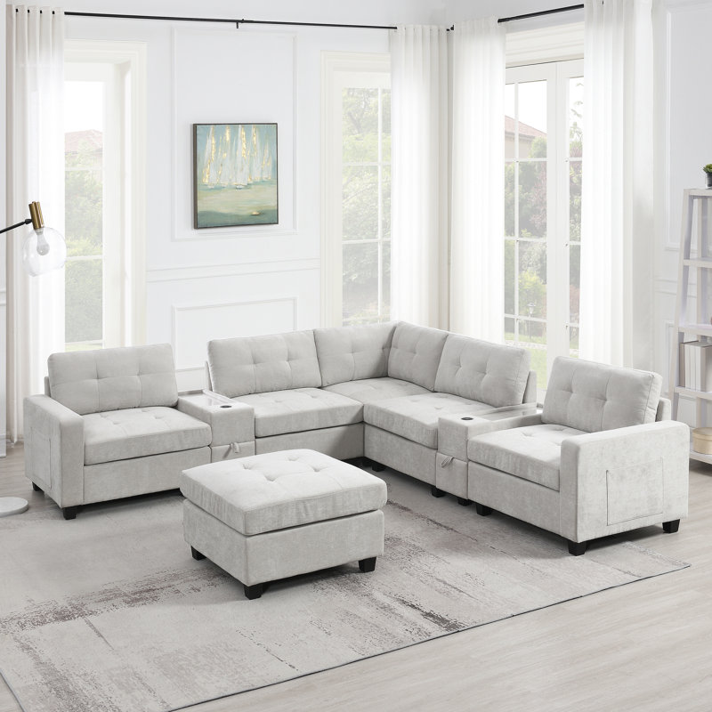 104'' Sectional Sofa With Acrylic Table Top, Light Gray Chenille